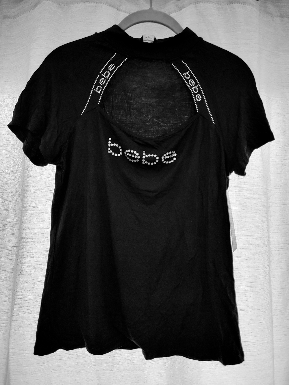 Bebe Black Rhinestone Logo Cutout Women's Top